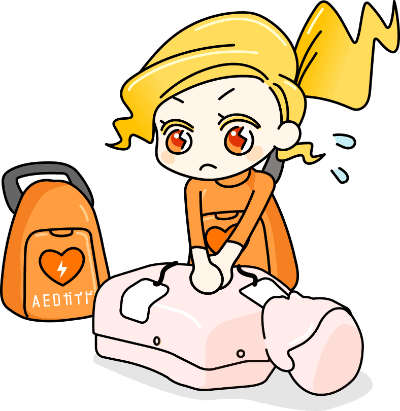 aedchan-cpr AED(自動体外式除細動器)と心肺蘇生(CPR)を行っているあえだちゃん