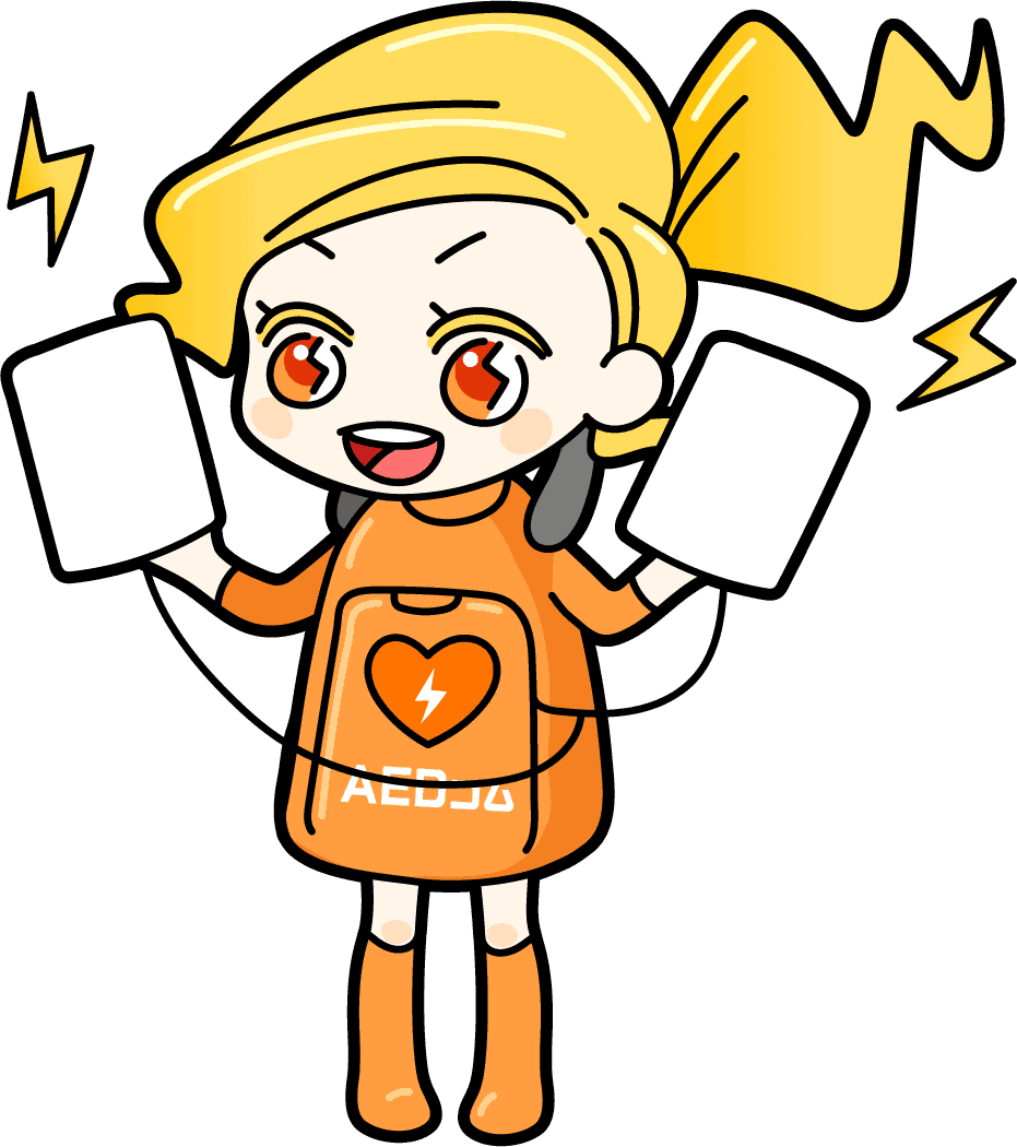 電極パッドを両手に持つ AEDコムマスコットキャラクター あえだちゃん