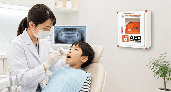 歯科医院で治療中の様子と、壁掛け収納ボックスに設置されたAED