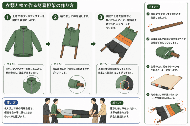 衣類と棒で作る簡易担架の作り方